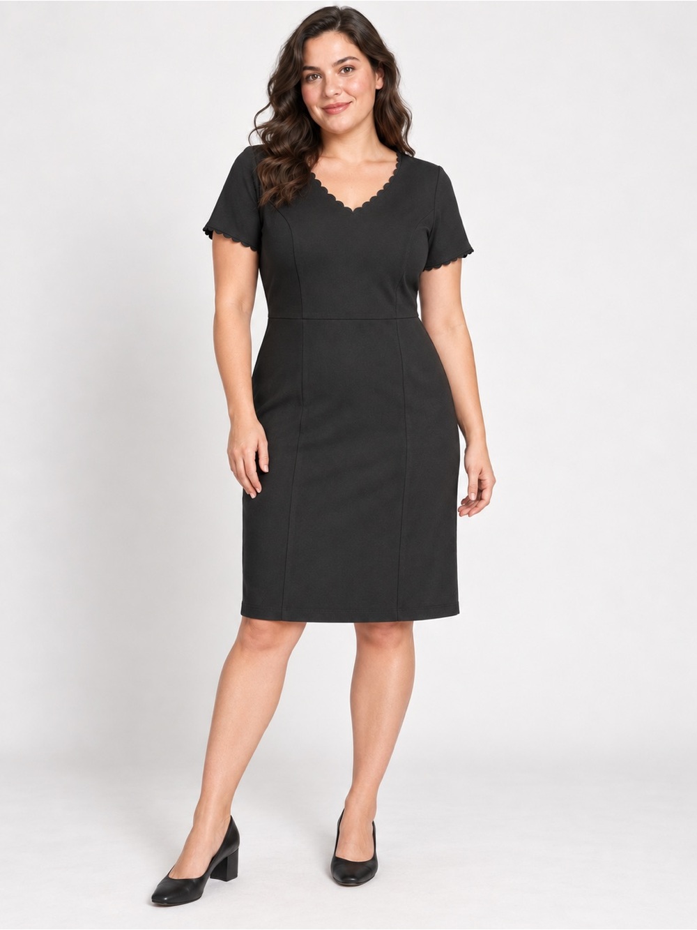 NWT New Maggy London Scallop Trim V-Neck Short Sleeve Black Dress Size 18W
